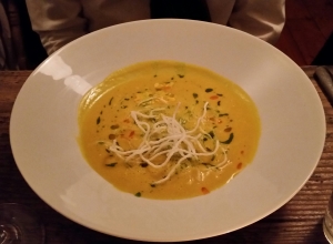 Thai pumpkin soup with chilli oil and vermicelli